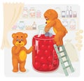 Two toy bear stealing cherry juice.