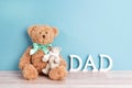 Two toy bears of dad and child on blue background. Father`s Day Royalty Free Stock Photo