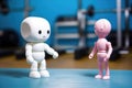 Two toy robots standing in front of each other in a gym setting. fitness and exercise concepts, and Royalty Free Stock Photo