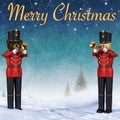 Two toy soldiers playing trumpets in snow.