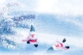 Two toys Santa Claus in a winter snowy fairy forest. Winter wonderland. Merry Christmas. Copy space Royalty Free Stock Photo