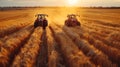 Two Tractors Driving Through Wheat Field at Sunset