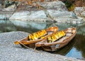 Traditional Japanese boats on a beach of the Nagatoro River in Chichibu Saitama, Japan