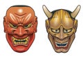 Two traditional japanese theater masks made of wood on white background