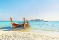 Two traditional thai longtail boats at famous sunset Long Beach, Thailand, Koh Phi Phi Don island, Krabi province, Andaman sea Royalty Free Stock Photo