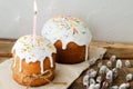 Two Traditional Ukrainian kulich with a burning candle on a napkin with willow buds on a wooden background. Royalty Free Stock Photo