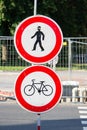 Two traffic signs forbidding entrance for pedestrians and cyclists as the crossing is reconstructed Royalty Free Stock Photo