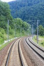 Two train lines in bends in a mountain landscape Royalty Free Stock Photo
