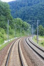 Two train lines in bends in a mountain landscape