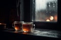 Two transparent cups of warm tea on a windowsill on rainy autumn evening. Generative AI