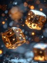 Two transparent dices with gold bokeh on dark background Royalty Free Stock Photo