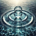 Two transparent glass spheres float above clear water creating mesmerizing concentric ripples reflecting light in a surreal scene