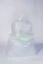 Two transparent inflated plastic crumpled empty cellophane bags on white back