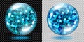 Two transparent spheres with light blue sparkles
