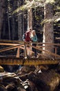 Two travel hikers with backpack looking the landscape while standing on the wood bridge in the forest