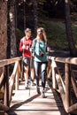 Two travel hikers with backpack walking on the wood bridge while looking the landscape in the forest