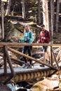 Two travel hikers with backpack walking on the wood bridge while looking the landscape in the forest