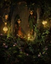 Two Tree Pixies at Night, 3d CG Royalty Free Stock Photo
