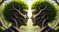 Two tree faces with green foliage heads facing each Religious Symbol human faces nature Royalty Free Stock Photo