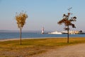 Two trees with autumn leaves on coast and scenery with lake and lighthouse in distance, Podersdorf am See, Austria Royalty Free Stock Photo