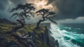Windswept Trees Embrace the Coastline Under a Dramatic Sky near Rocky Cliff Royalty Free Stock Photo