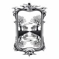 Antique Mirror With Silhouette Tree And Water Illustration
