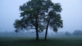 Two trees in the fog Royalty Free Stock Photo