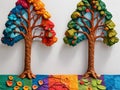 Two trees quilted with cloth, paper and yarn, very colorful, very detailed and defined shapes and colors, 3D rendering-generated