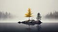 Two trees on rocks in lake on misty forest background, tranquil minimalist landscape. Peaceful simple nature scene in autumn.