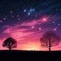 two trees silhouetted against the night sky with shooting stars