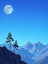 Two trees stand tall on a cliff with a mountain range in the distance under a full moon Royalty Free Stock Photo
