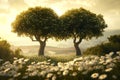 Two Trees Standing in the Grass, Two intertwined trees standing strong amidst a field of daisies, AI Generated Royalty Free Stock Photo