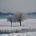 Two trees standing in an icy, snow-covered field in winter. Royalty Free Stock Photo