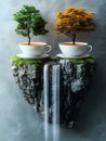 Two trees in teacups on a rock island with a waterfall against a gray textured background view Royalty Free Stock Photo