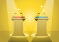 Two tribunes for debate on stage illuminated by floodlights