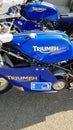 Two Triumph motorcycles at the 77th Goodwood members meeting test day at the West Sussex motor circuit.