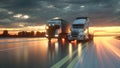 Two trucks on the road, highway. Transports, logistics concept. 3d rendering