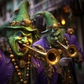 Two trumpet players in carnival, spooky costumes. Carnival outfits, masks and decorations Royalty Free Stock Photo