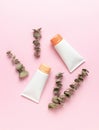 Two tubes of cream and twigs of dried eucalyptus on a pink background. The concept of body care