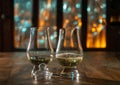 Two tulip-shaped tasting glasses of Scotch single malt or blended whisky Royalty Free Stock Photo