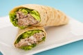 Two tuna melt wrap on a white plate