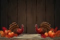 two turkeys and pumpkins on a wooden background Royalty Free Stock Photo