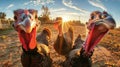 Two turkeys stand in a field, silhouetted against the setting sun Royalty Free Stock Photo