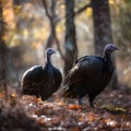 Two turkeys in the woods in the background smeared trees leaves autumn. Turkey as the main dish of thanksgiving for the harvest