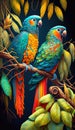 Two green and orange ara parrots sitting on exotic twig in moody jungle with muted exotic plants and trees. Color harmony, AI