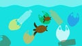 Two turtle passing through plastic bags and bottle in ocean. Royalty Free Stock Photo