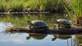 Two Turtles on a Log Reflecting in Calm Water of a Peaceful Pond in Nature Royalty Free Stock Photo