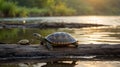 Two Turtles Sunning Themselves on a Log at Sunset Over the Still Waters Royalty Free Stock Photo