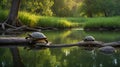 Two Turtles Resting on a Log in a Tranquil Pond at Sunset with Lush Greenery Royalty Free Stock Photo