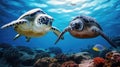 Two turtles gracefully swimming in vast ocean. Perfect for nature and marine life enthusiasts